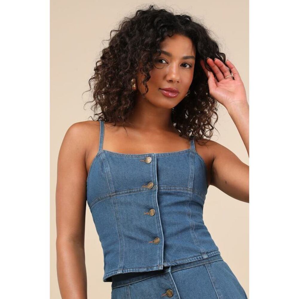 Lulus Kamile Blue Chambray Button-front Tank Top - Size XS